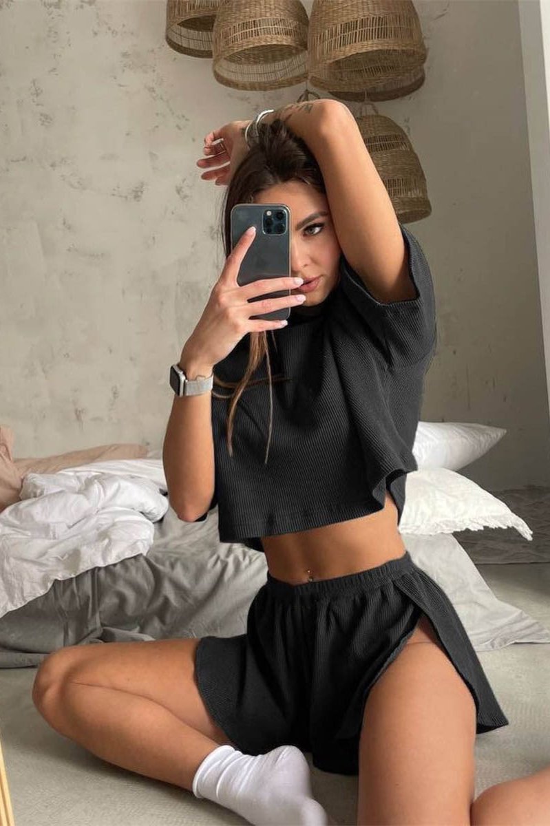 Jema | Dames Comfy Loungewear Set – Wafelstof Top & Short – Casual
