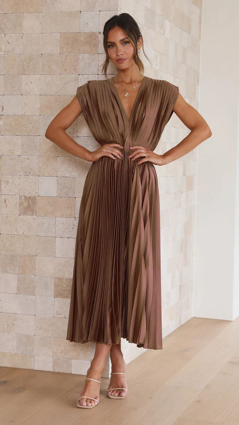 Demia | Elegante Dames Midi-jurk met Plissérok – V-hals