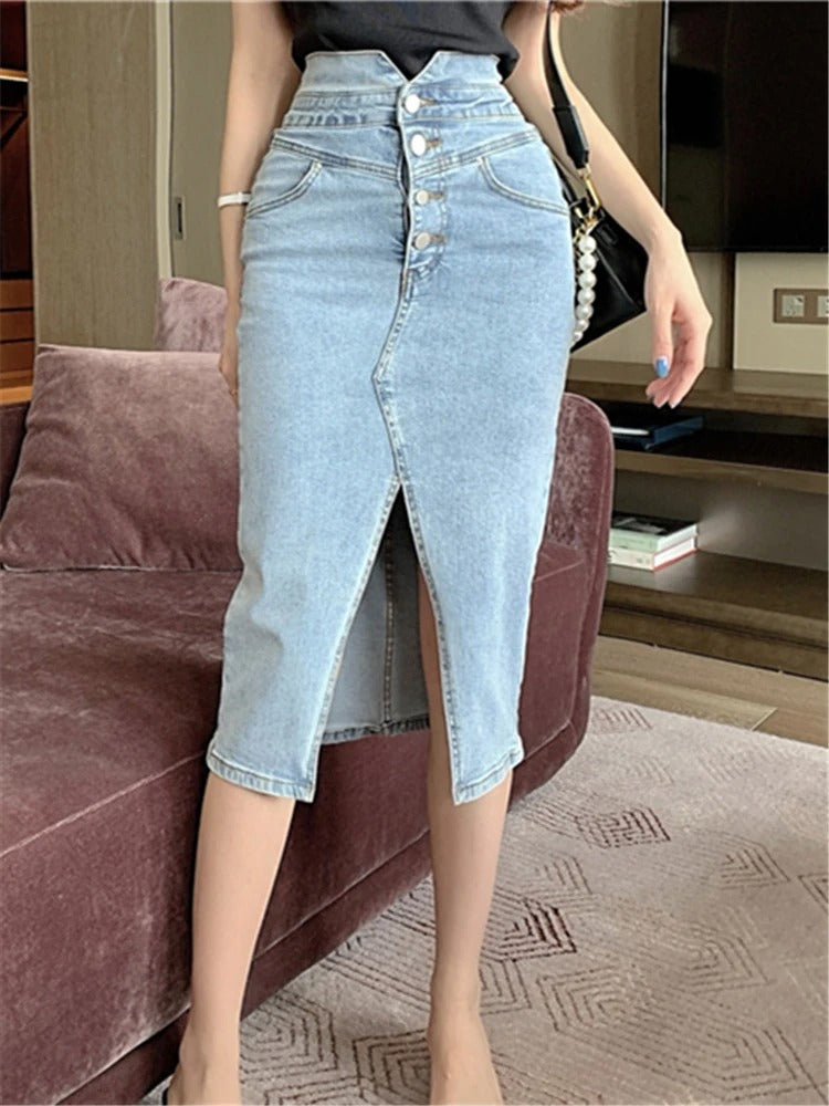 Joana | Lange Spijkerrok Dames – Hoge Taille Denim Rok