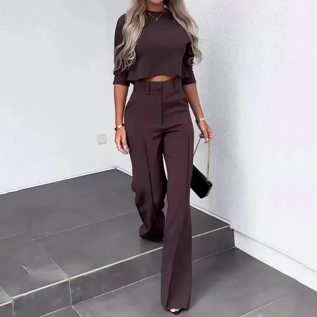 Dames Flare Set – Cropped Top met Hoge Hals & Broek