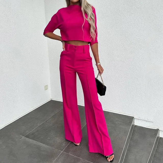 Dames Flare Set – Cropped Top met Hoge Hals & Broek