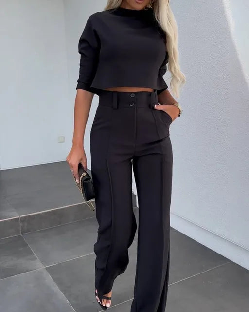 Dames Flare Set – Cropped Top met Hoge Hals & Broek