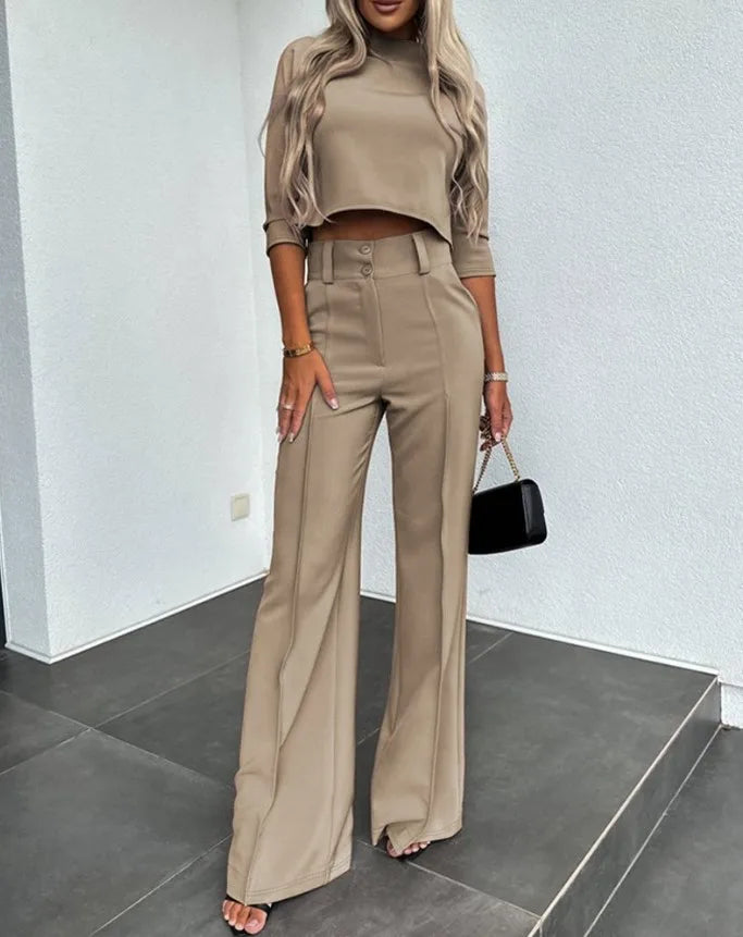 Dames Flare Set – Cropped Top met Hoge Hals & Broek
