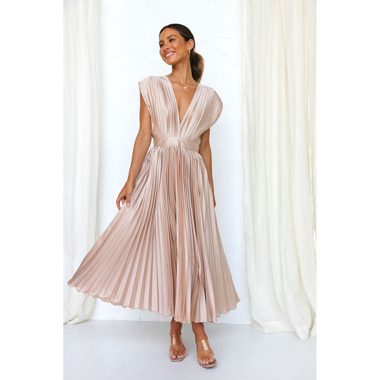 Demia | Elegante Dames Midi-jurk met Plissérok – V-hals