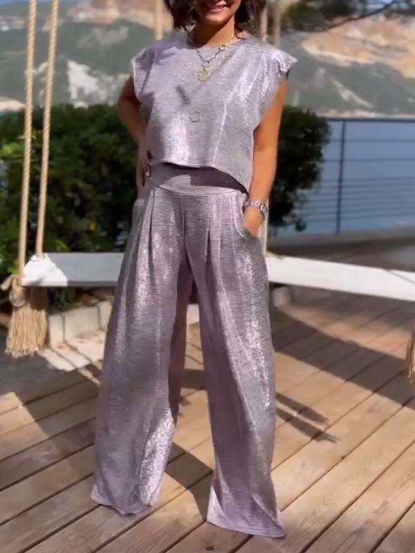 Andrej | Glanzende Casual 2-delige Set met Wijde Broek