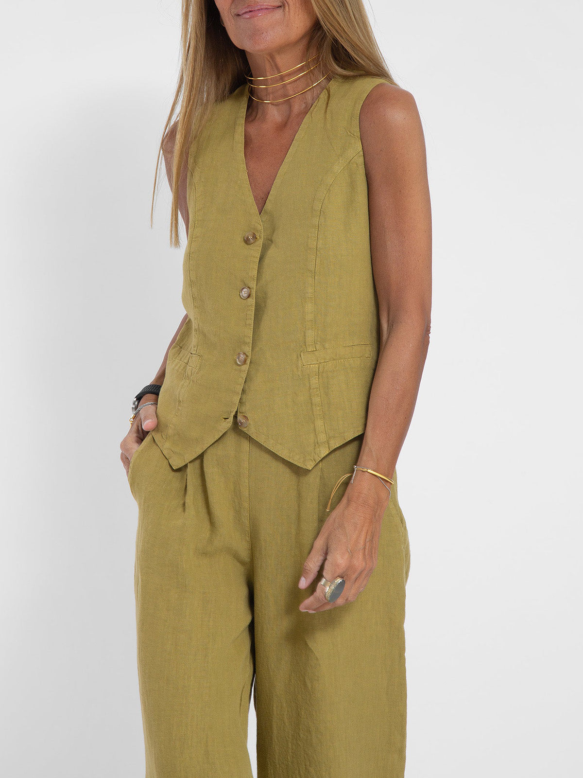 Juana | Elegante Mouwloze Linnen Set met V-Hals Gilet en Wijde Broek