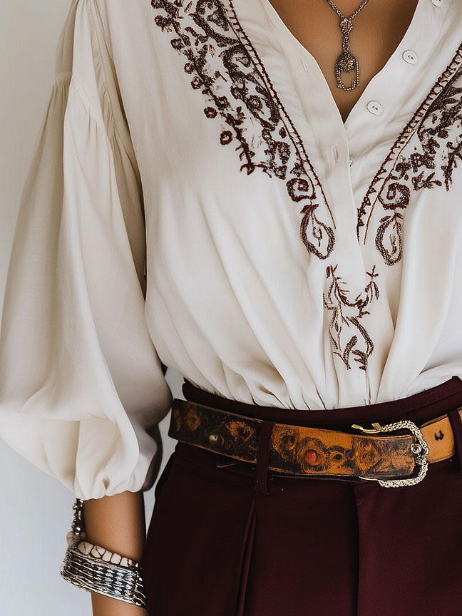 Geborduurde Blouse met Half Knoopsluiting en Retro Look