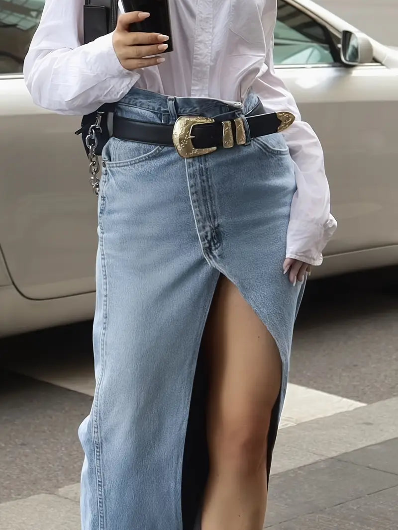 Giada | Denim Maxi Rok Dames – Hoge Taille & Split Voorzijde