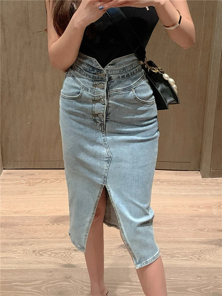 Joana | Lange Spijkerrok Dames – Hoge Taille Denim Rok