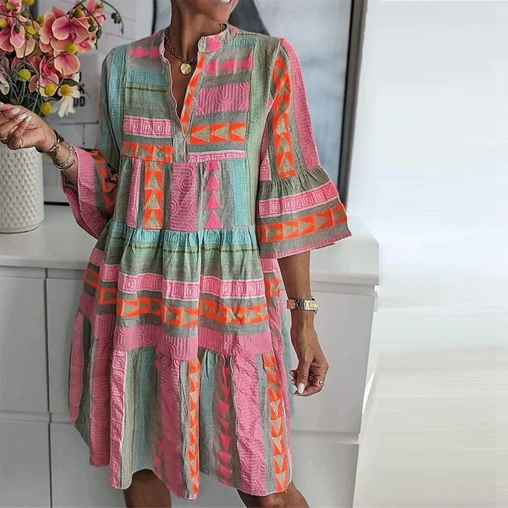 Elegante Midi-Jurk met Halflange Pofmouwen