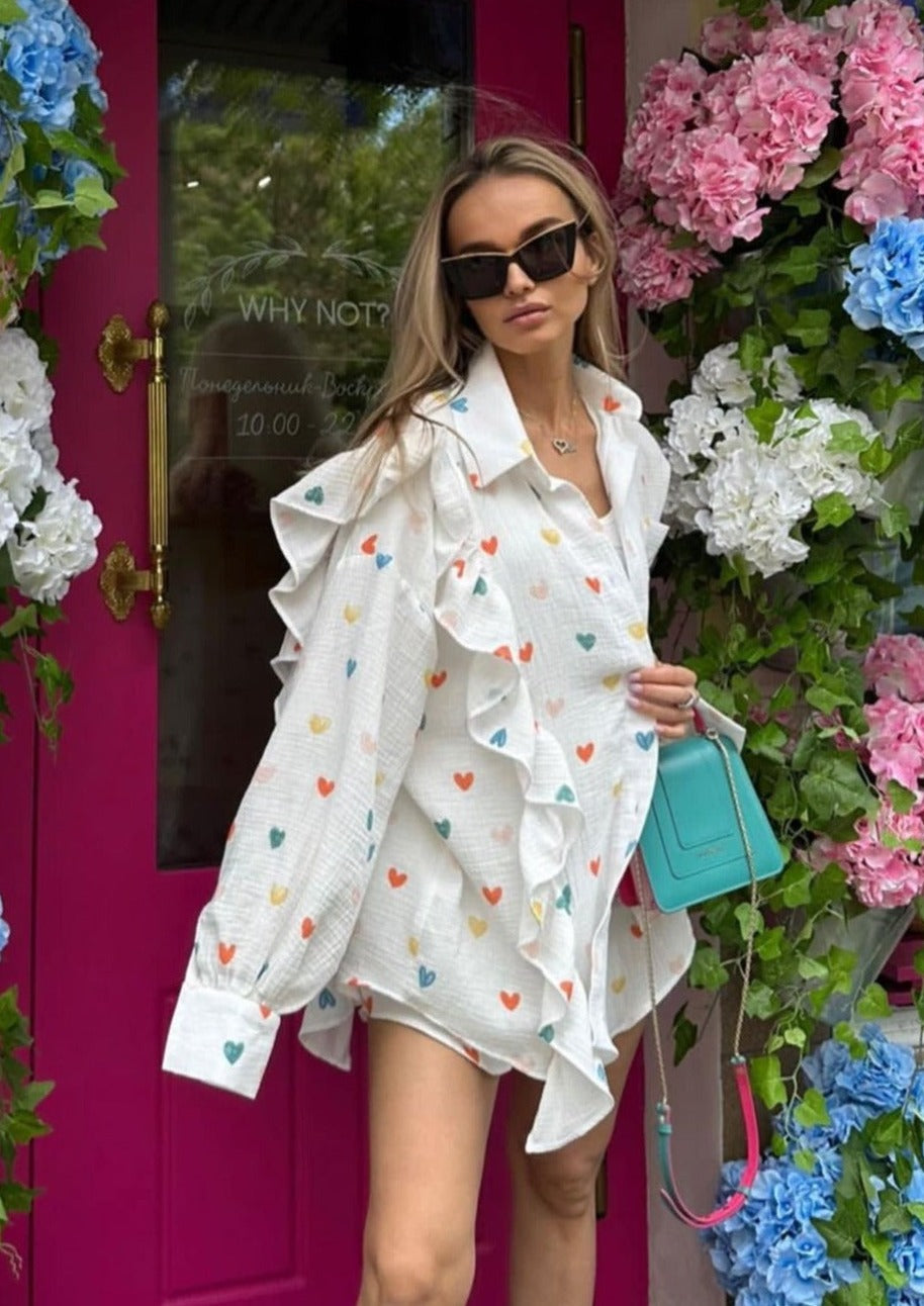 Jenika | Loungewear Set van Katoen met Hartjes Print - Zomers & Stijlvol