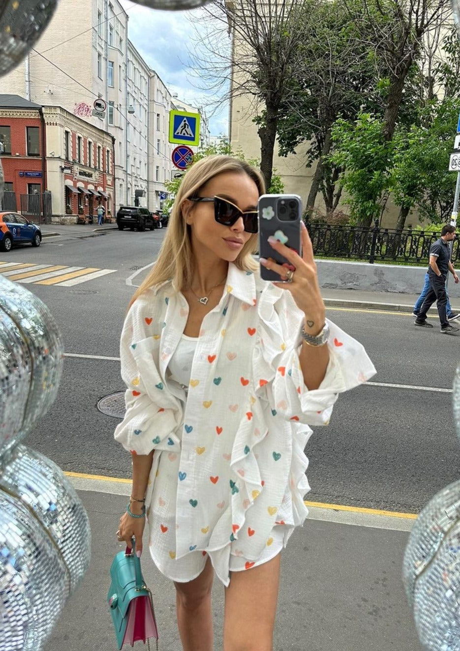 Jenika | Loungewear Set van Katoen met Hartjes Print - Zomers & Stijlvol