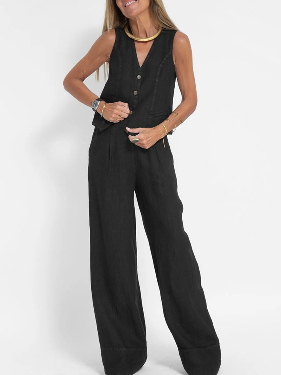 Juana | Elegante Mouwloze Linnen Set met V-Hals Gilet en Wijde Broek
