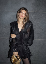 Amante | Zwarte Geplisseerde Mini jurk met Parelknopen