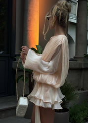 Lucetta | Champagne Mini Jurk met Plooi & Parelknopen