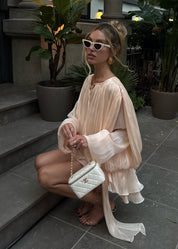 Lucetta | Champagne Mini Jurk met Plooi & Parelknopen