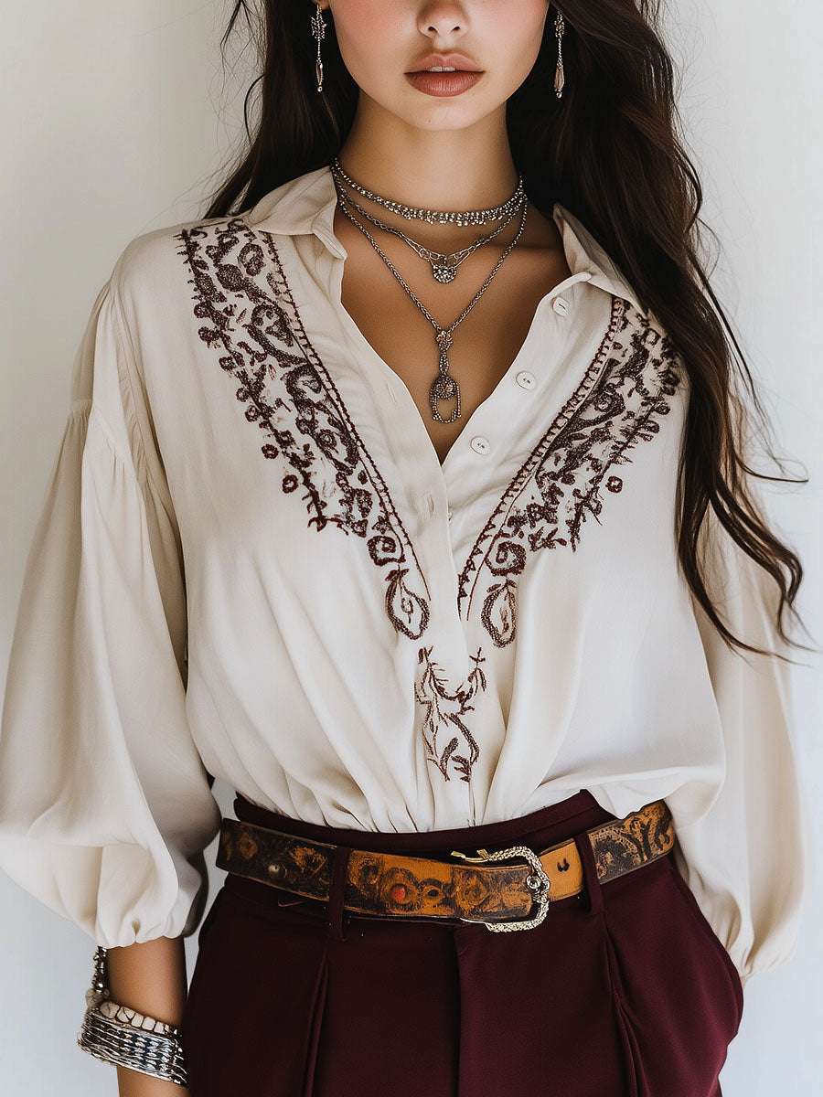 Geborduurde Blouse met Half Knoopsluiting en Retro Look