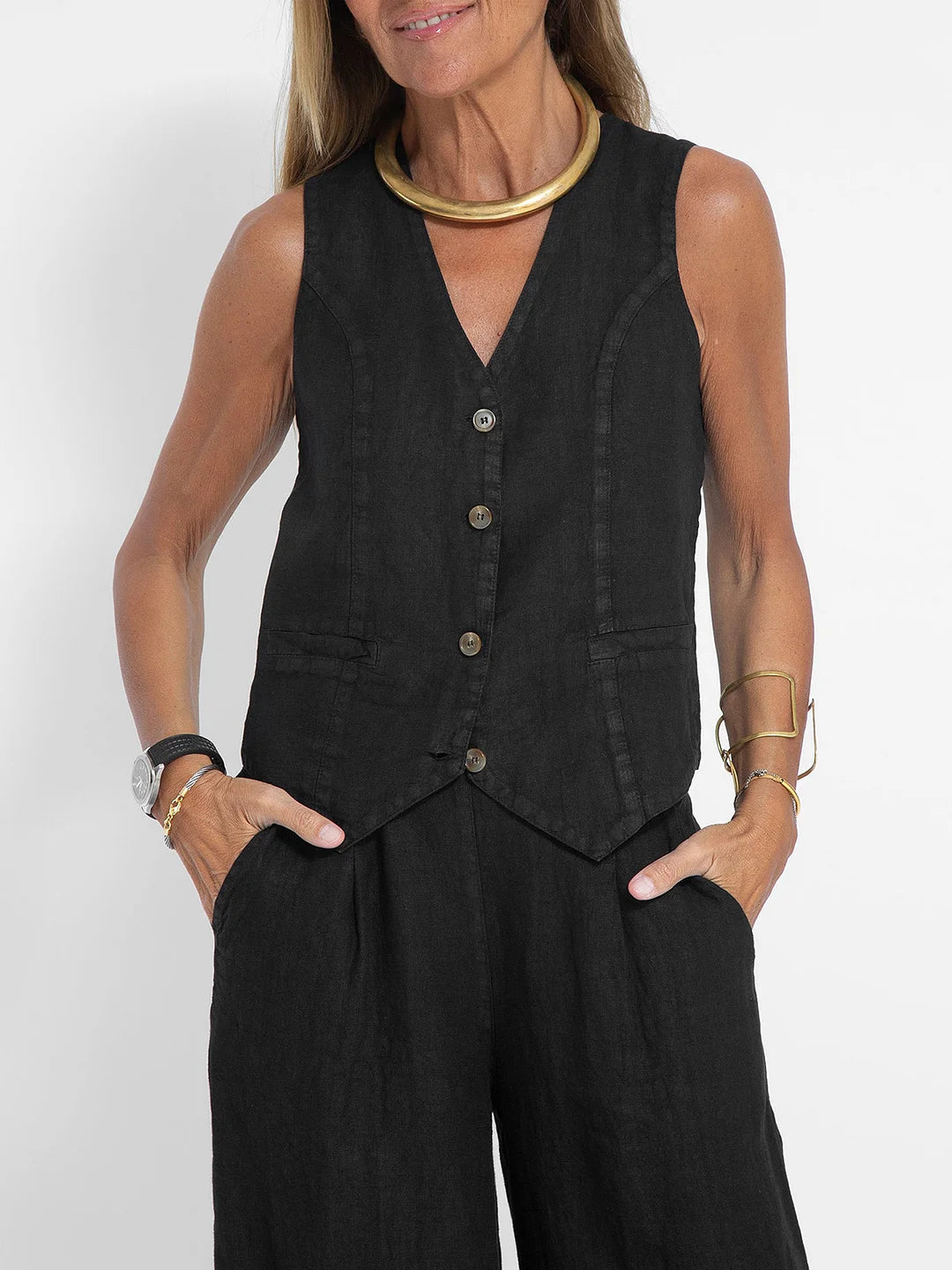 Juana | Elegante Mouwloze Linnen Set met V-Hals Gilet en Wijde Broek
