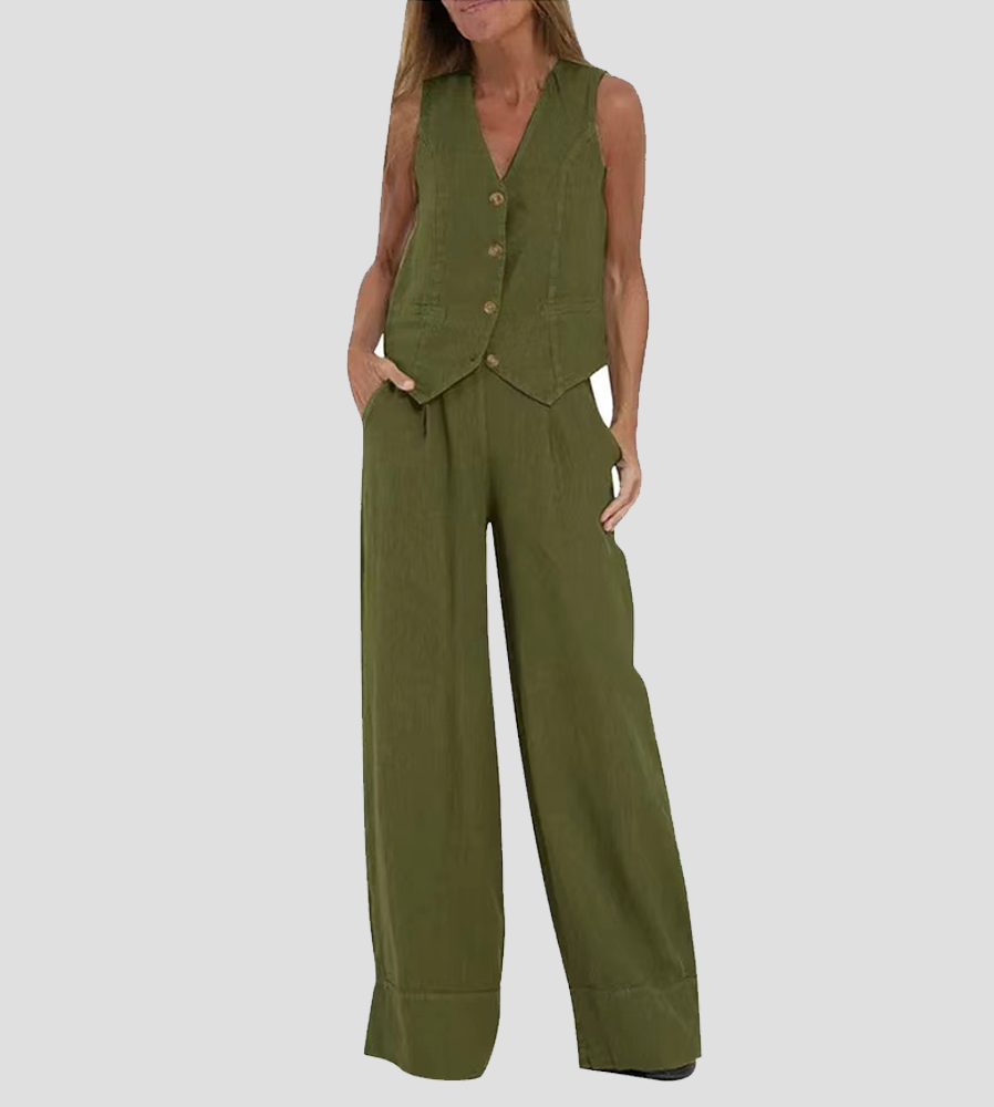 Juana | Elegante Mouwloze Linnen Set met V-Hals Gilet en Wijde Broek