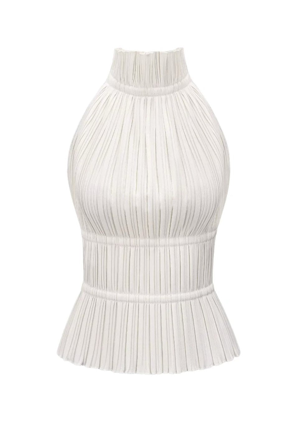 Nolana | Witte Plissé Backless Top – Racer Neck Design met Ruffles