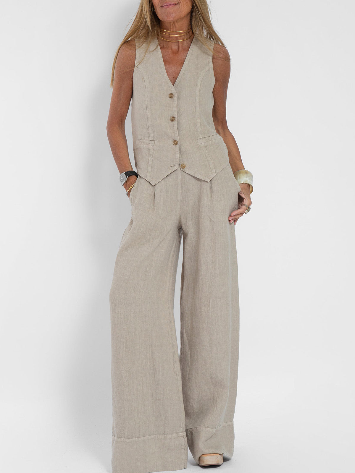 Juana | Elegante Mouwloze Linnen Set met V-Hals Gilet en Wijde Broek