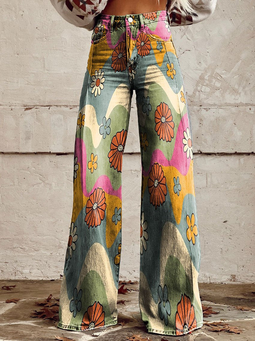 Vintage Broek met Wijde Pijpen en Trendy Print
