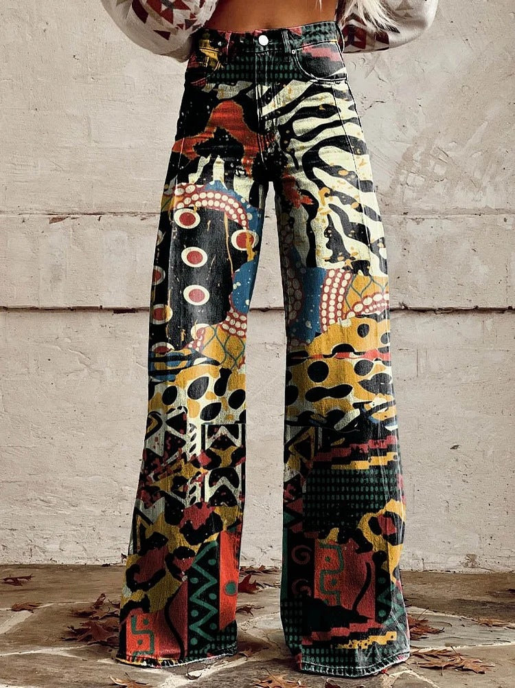 Vintage Broek met Wijde Pijpen en Trendy Print
