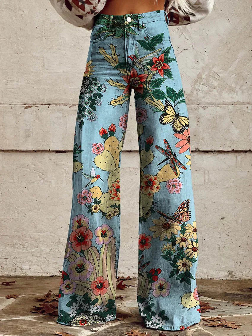 Vintage Broek met Wijde Pijpen en Trendy Print