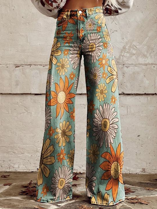 Vintage Broek met Wijde Pijpen en Trendy Print