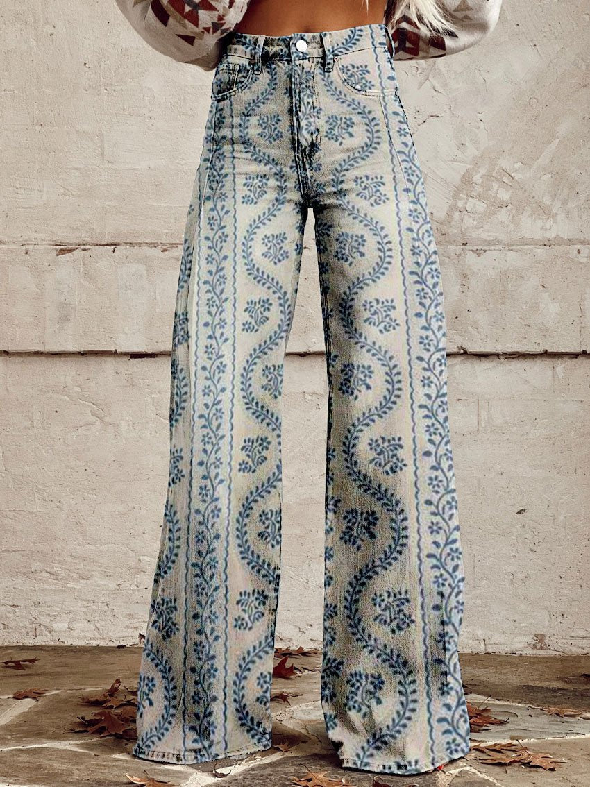 Vintage Broek met Wijde Pijpen en Trendy Print