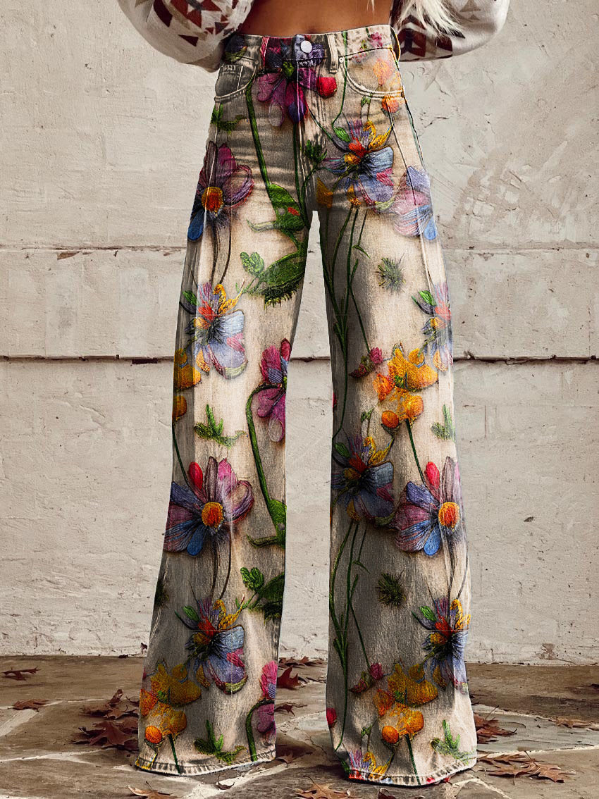 Vintage Broek met Wijde Pijpen en Trendy Print