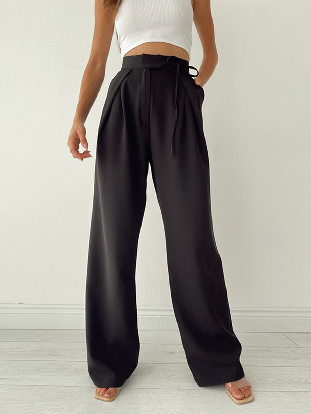 Pantalon met Hoge Taille voor Dames met Strik en Wijde Pijpen