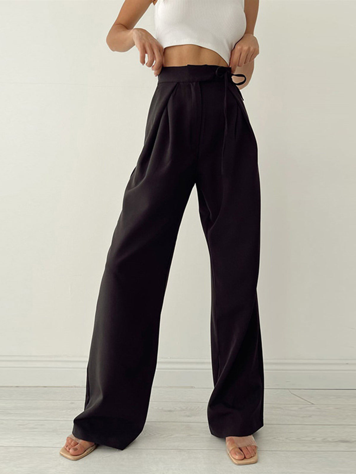 Pantalon met Hoge Taille voor Dames met Strik en Wijde Pijpen