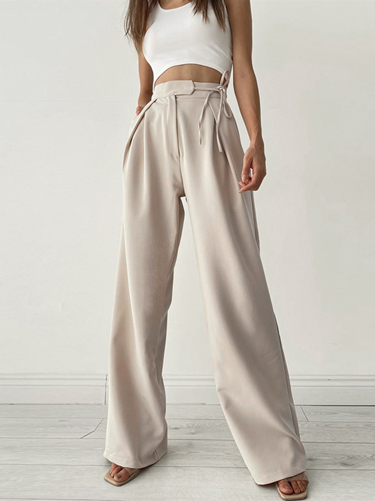 Pantalon met Hoge Taille voor Dames met Strik en Wijde Pijpen