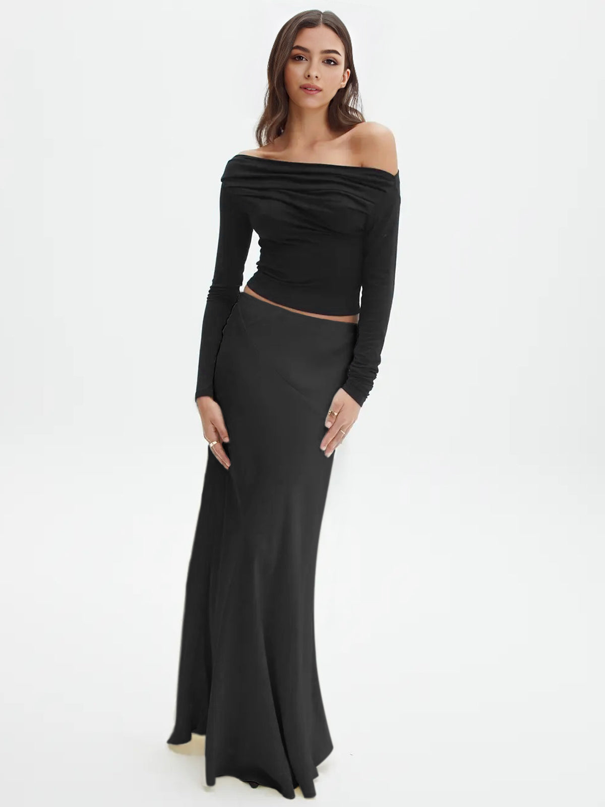 Destiny | Off-Shoulder Jersey Top met Lange Mouwen – Stretch
