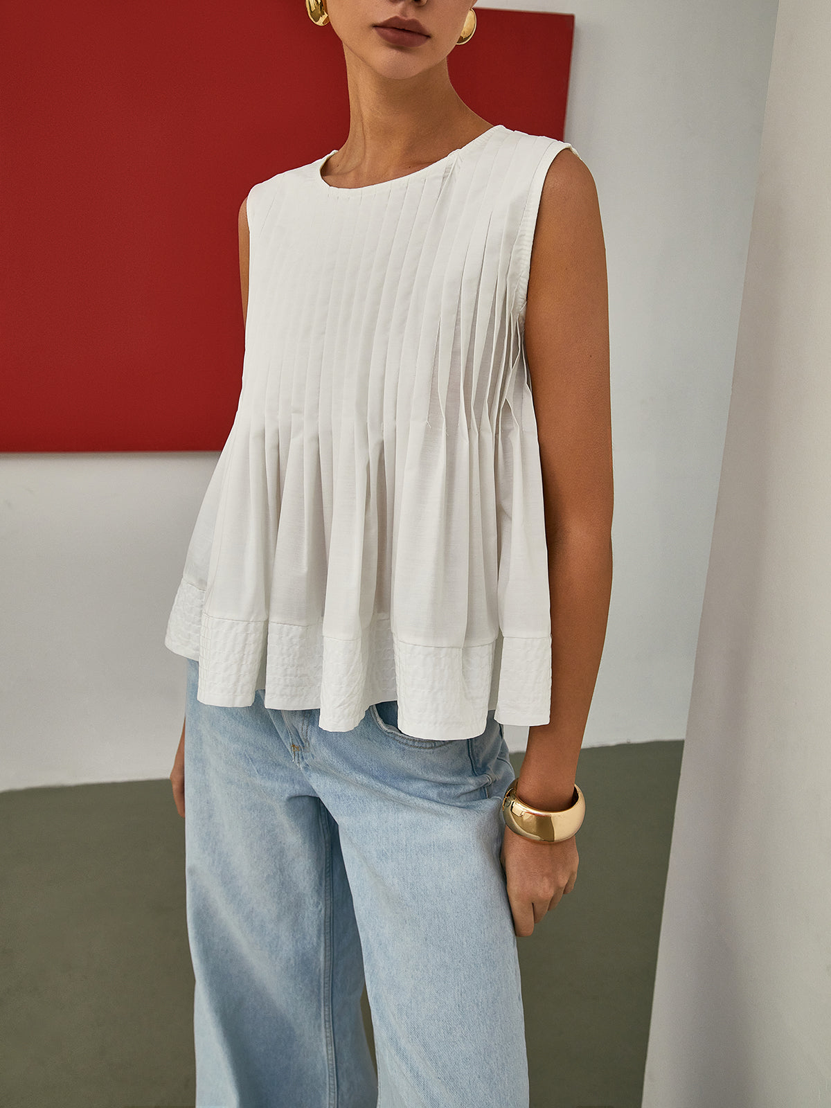 Rosalyn | Plissé Mouwloze Blouse van Katoen voor Dames
