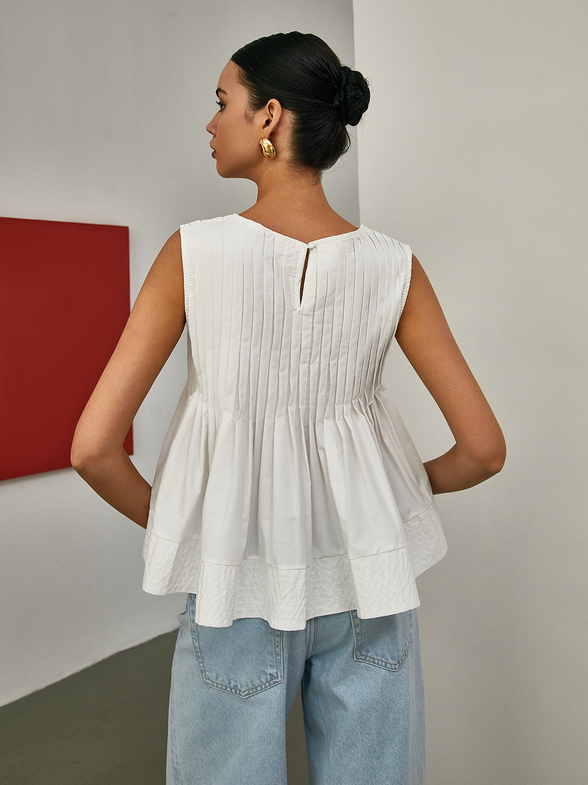 Rosalyn | Plissé Mouwloze Blouse van Katoen voor Dames