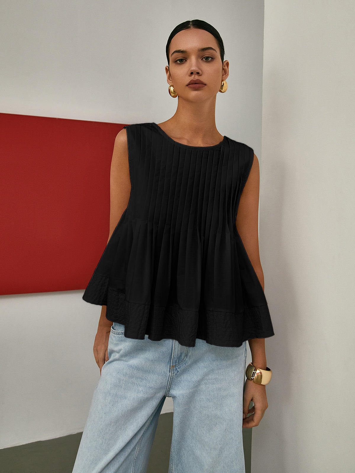 Rosalyn | Plissé Mouwloze Blouse van Katoen voor Dames