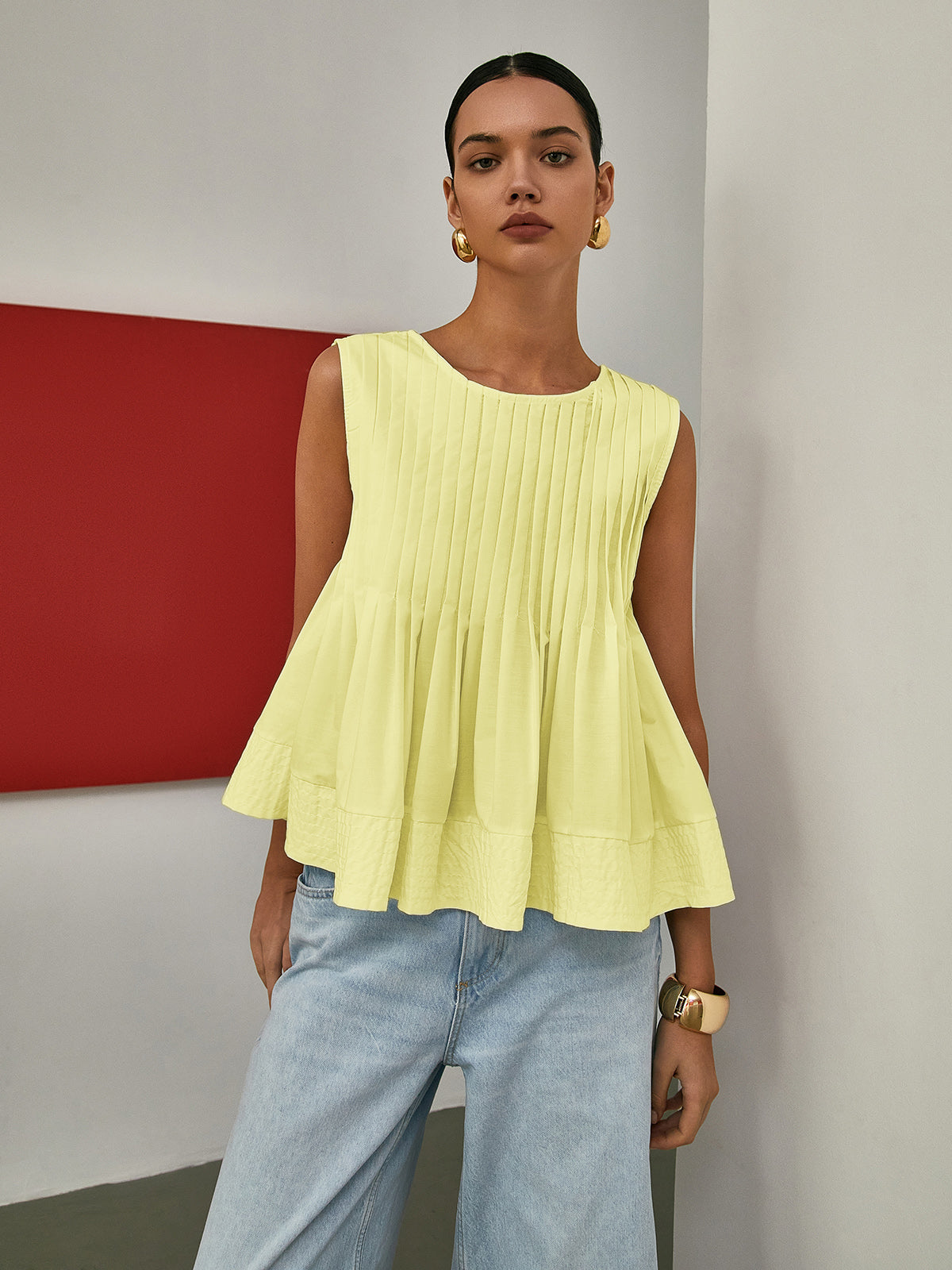 Rosalyn | Plissé Mouwloze Blouse van Katoen voor Dames