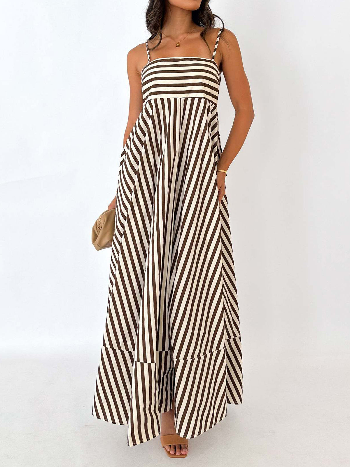 Esha | Gestreepte Plissé Maxi Jurk – Zomerse Cami Stijl