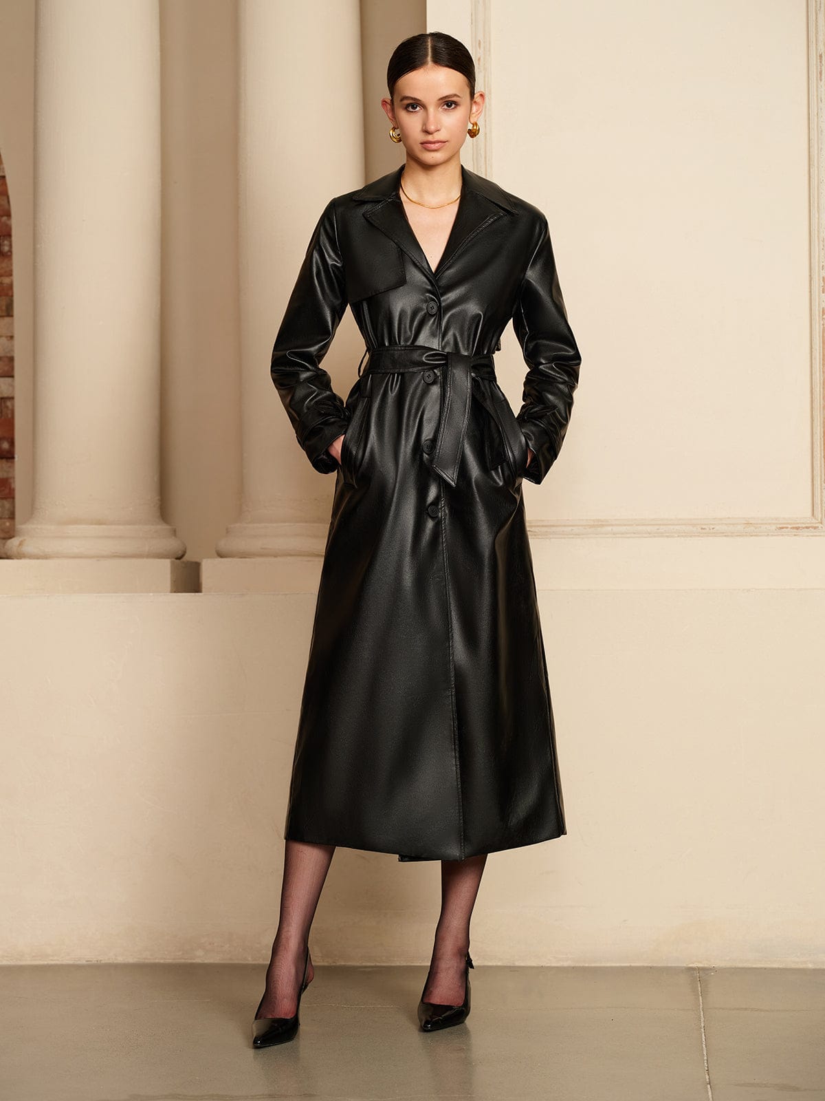 Rianne | Zwarte Lange Trenchcoat van Imitatieleer Dames