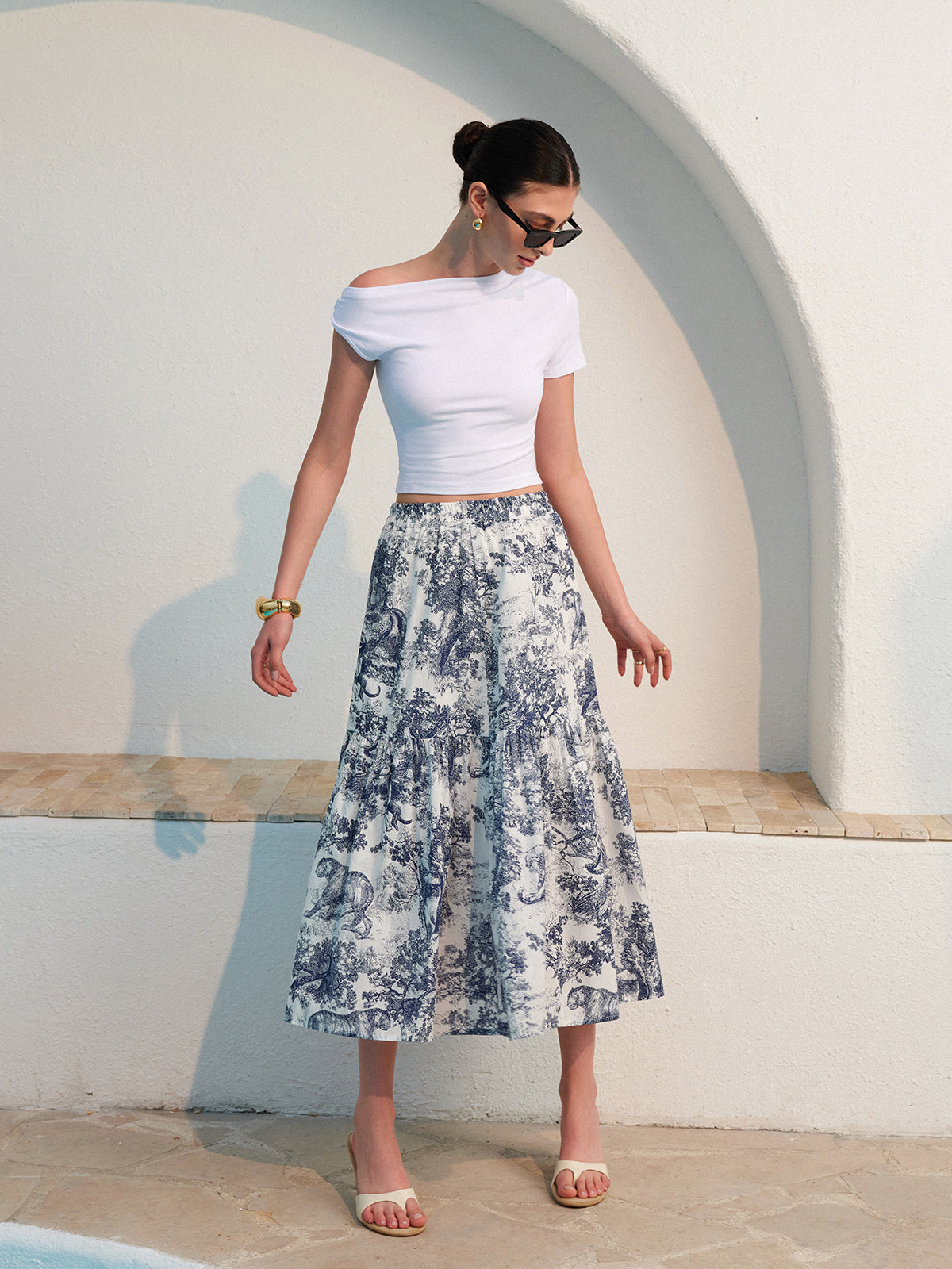 Ilze | High Waist Ruffle Midi Rok met Zomerse Print