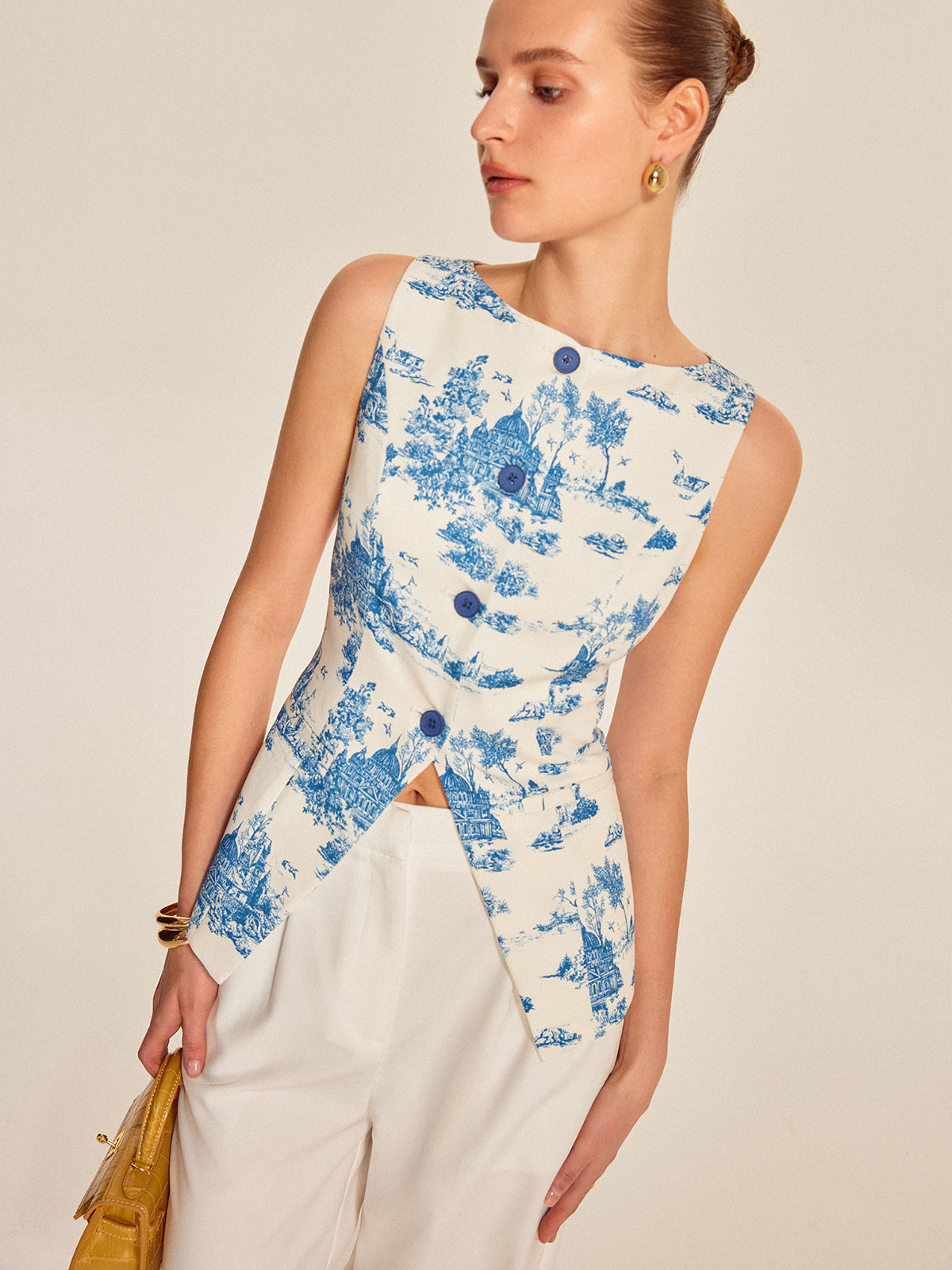 Hedwich | Mouwloze Top met Print en Split Design