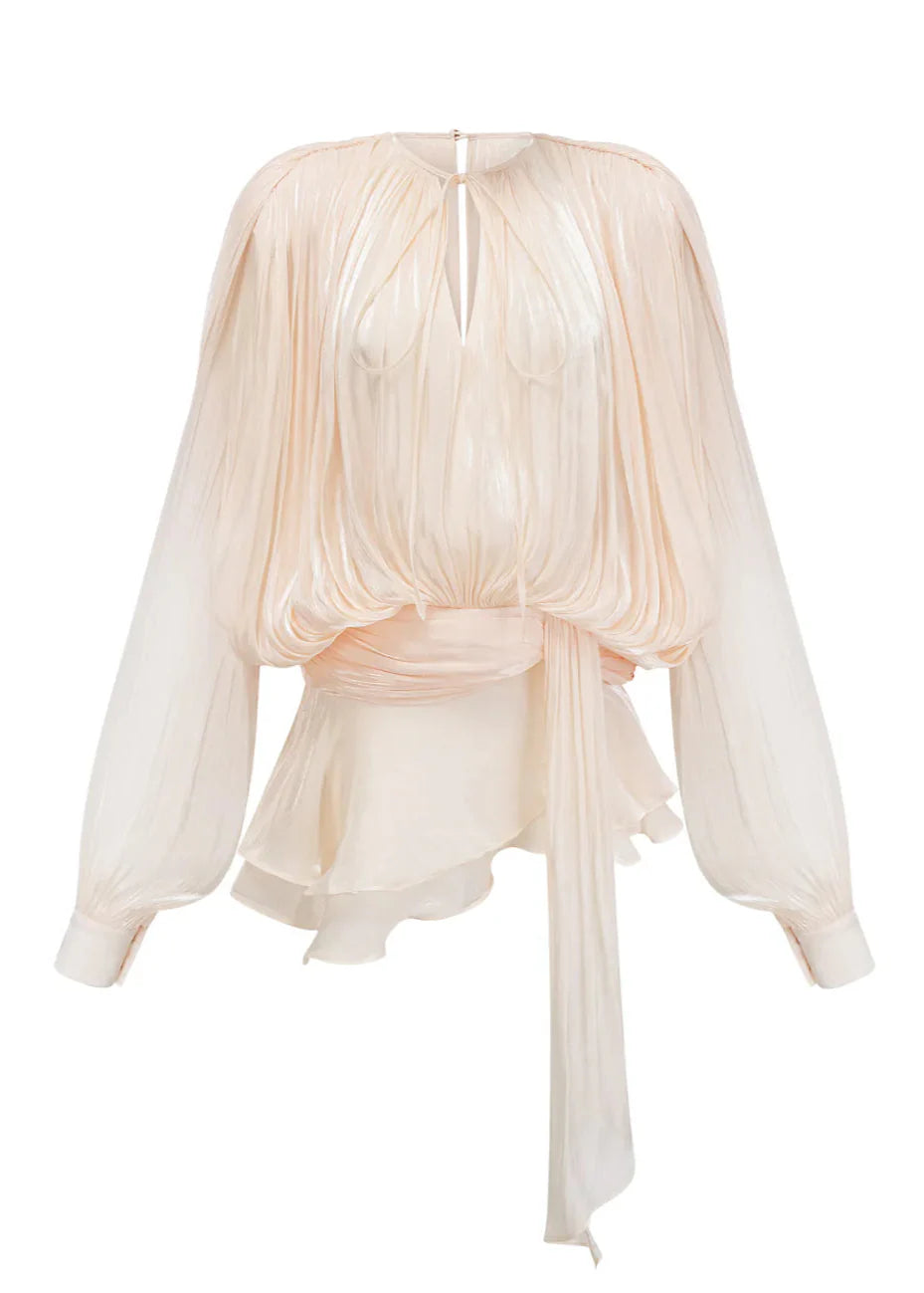 Lucetta | Champagne Mini Jurk met Plooi & Parelknopen