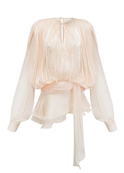 Lucetta | Champagne Mini Jurk met Plooi & Parelknopen