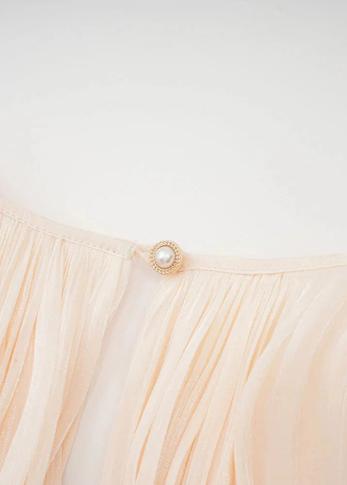 Lucetta | Champagne Mini Jurk met Plooi & Parelknopen