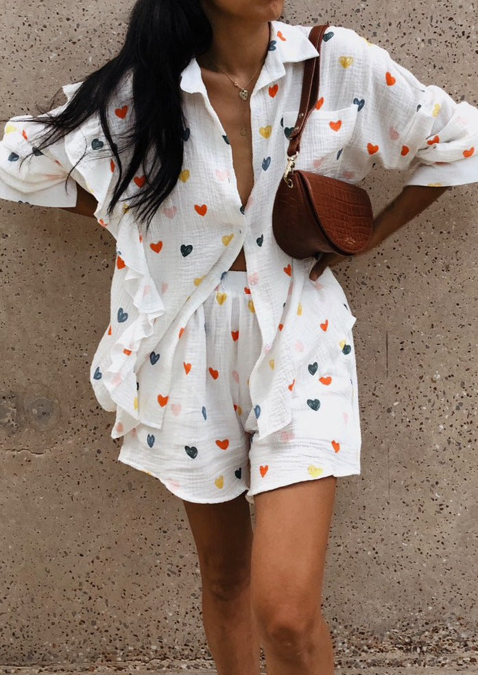 Jenika | Loungewear Set van Katoen met Hartjes Print - Zomers & Stijlvol