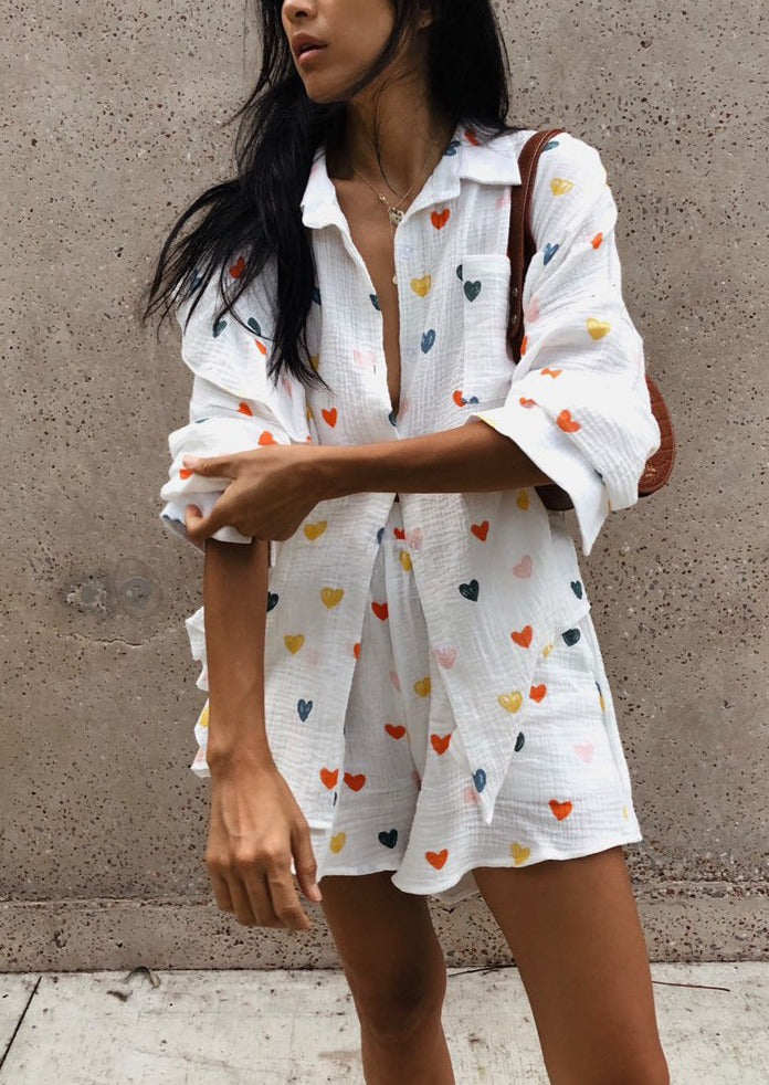Jenika | Loungewear Set van Katoen met Hartjes Print - Zomers & Stijlvol