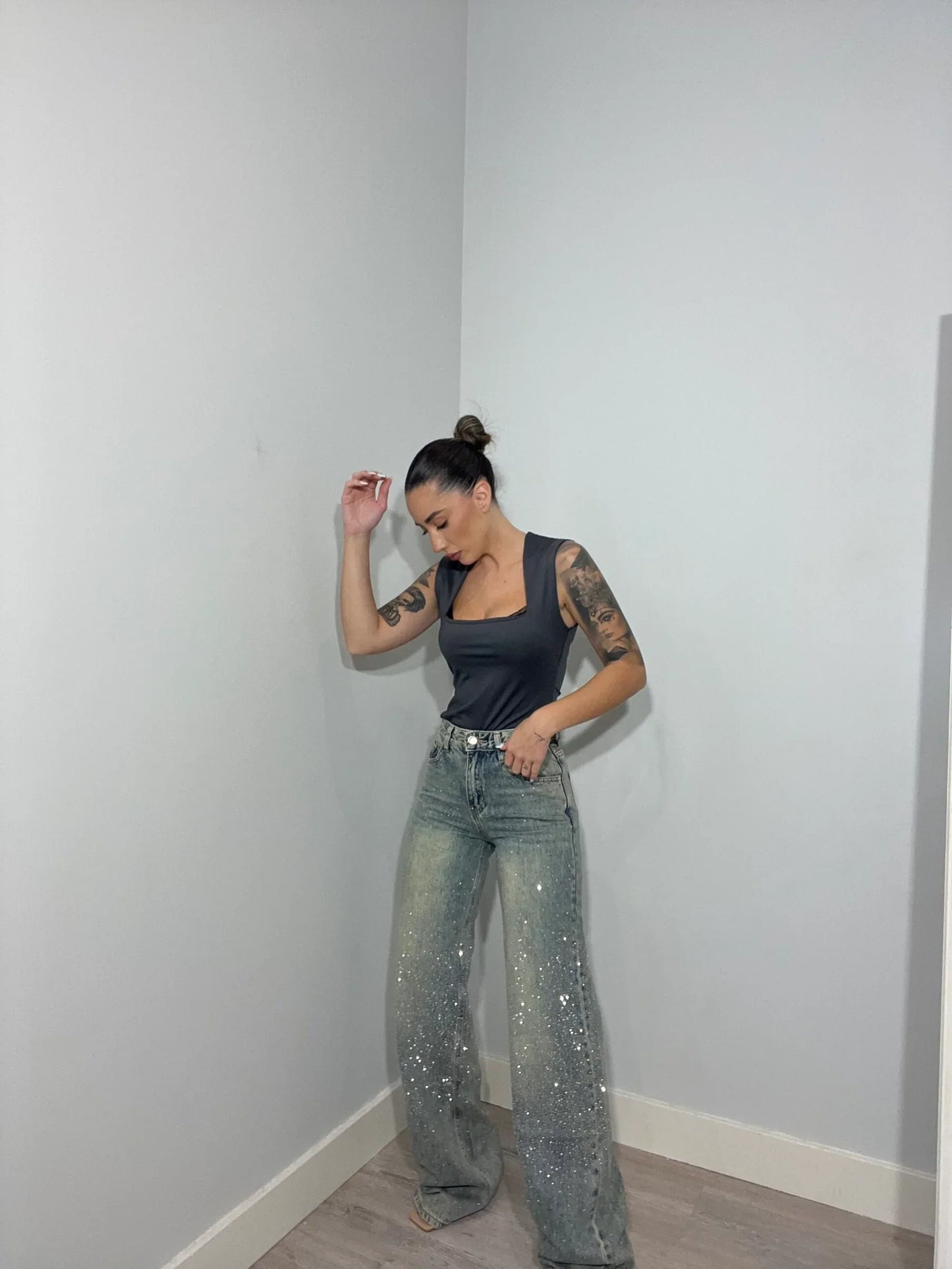 Sanay | Rechte high‑waist Jeans met Glitter Details