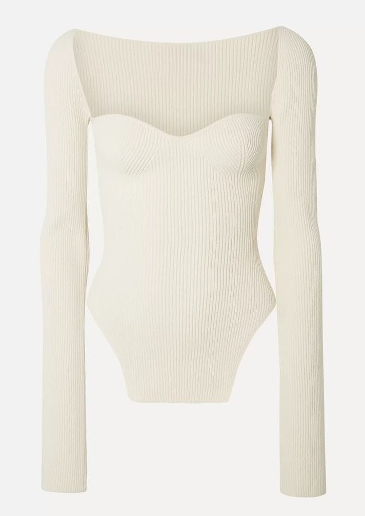 Joy-Ann | Beige Gebreide Body Top met Vierkante Hals